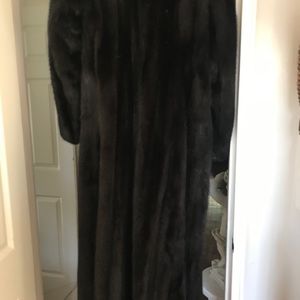Black Glamma fur coat with fur hood and scarf